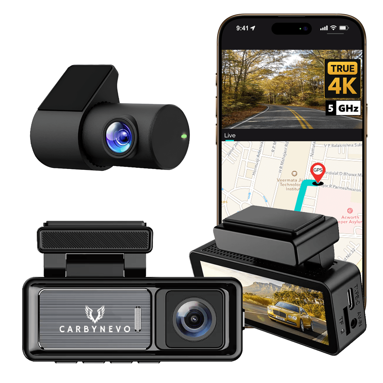 Dashcam EV4K True 4K — modules avant/arrière et application mobile avec GPS