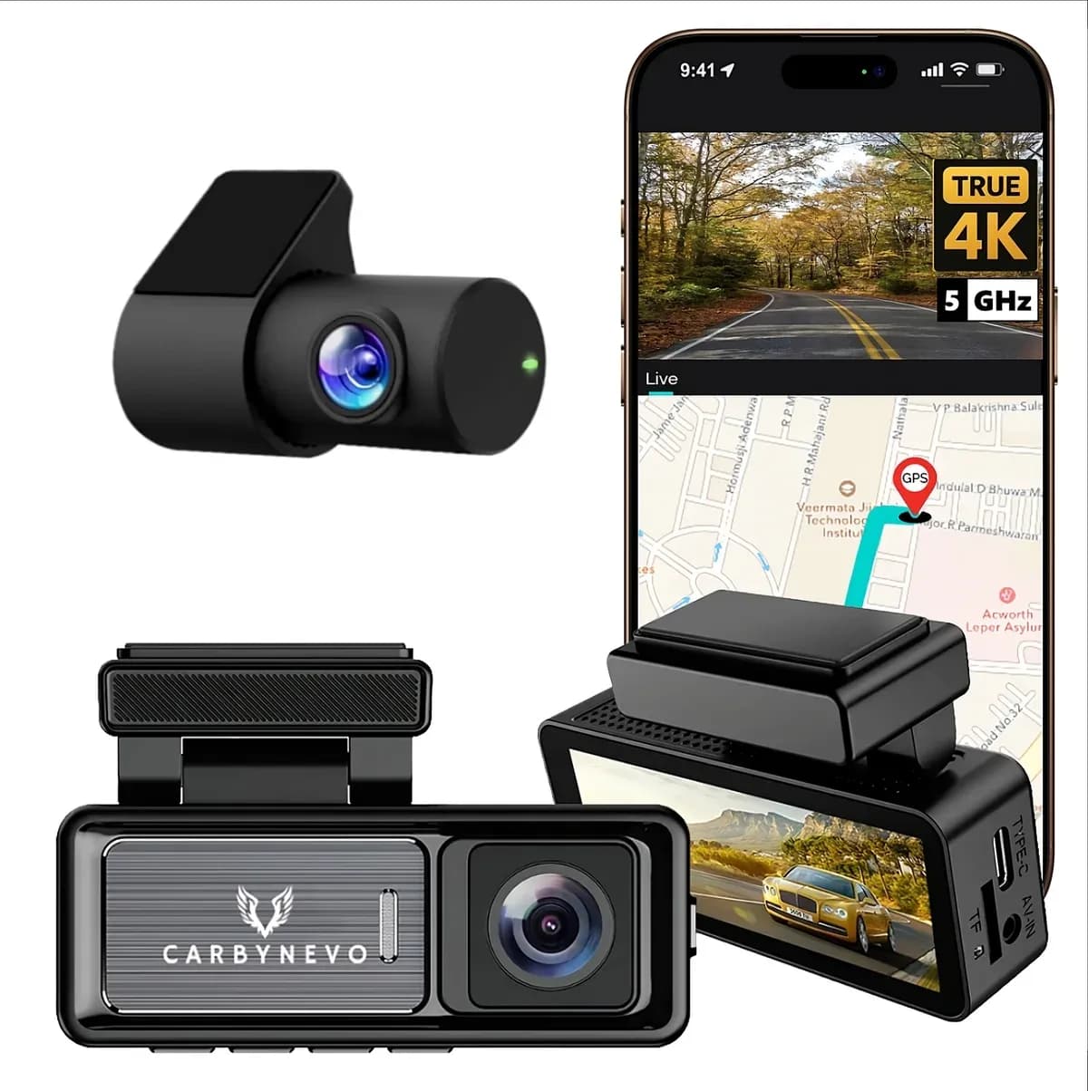 Application mobile de la dashcam EV4K affichant la prévisualisation et le trajet GPS